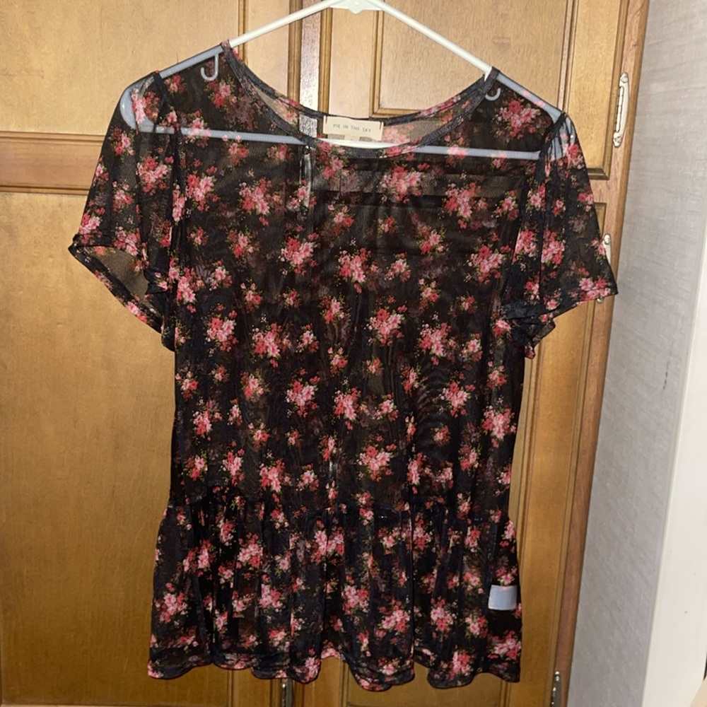 See Through Top Black with Flowers